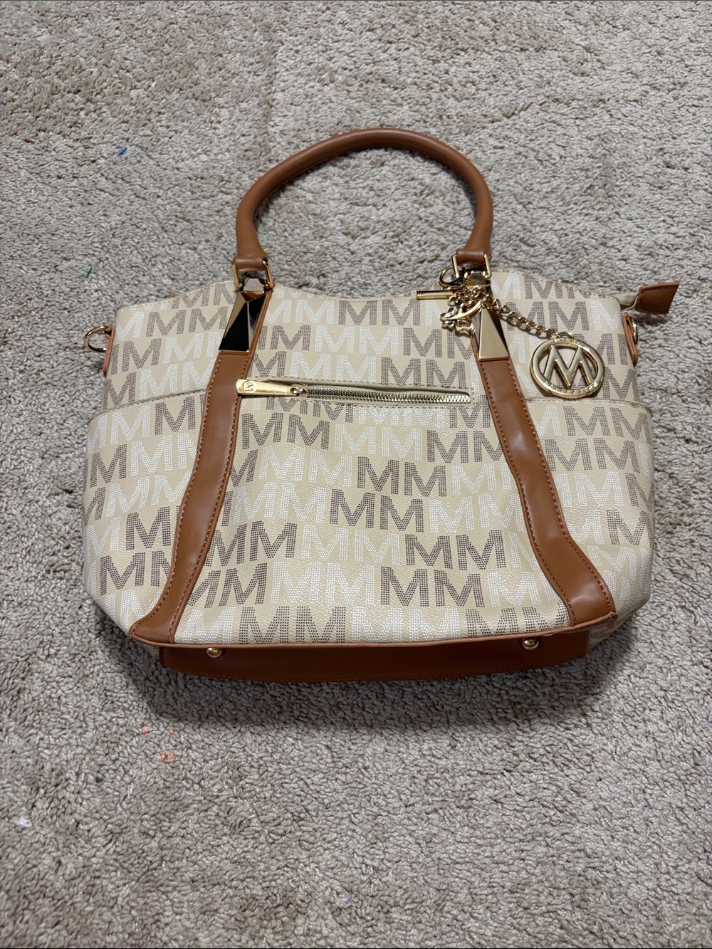 MKF Collection Jeneece Beige Purse Top Handle Shoulder Signature M  Gold Trim